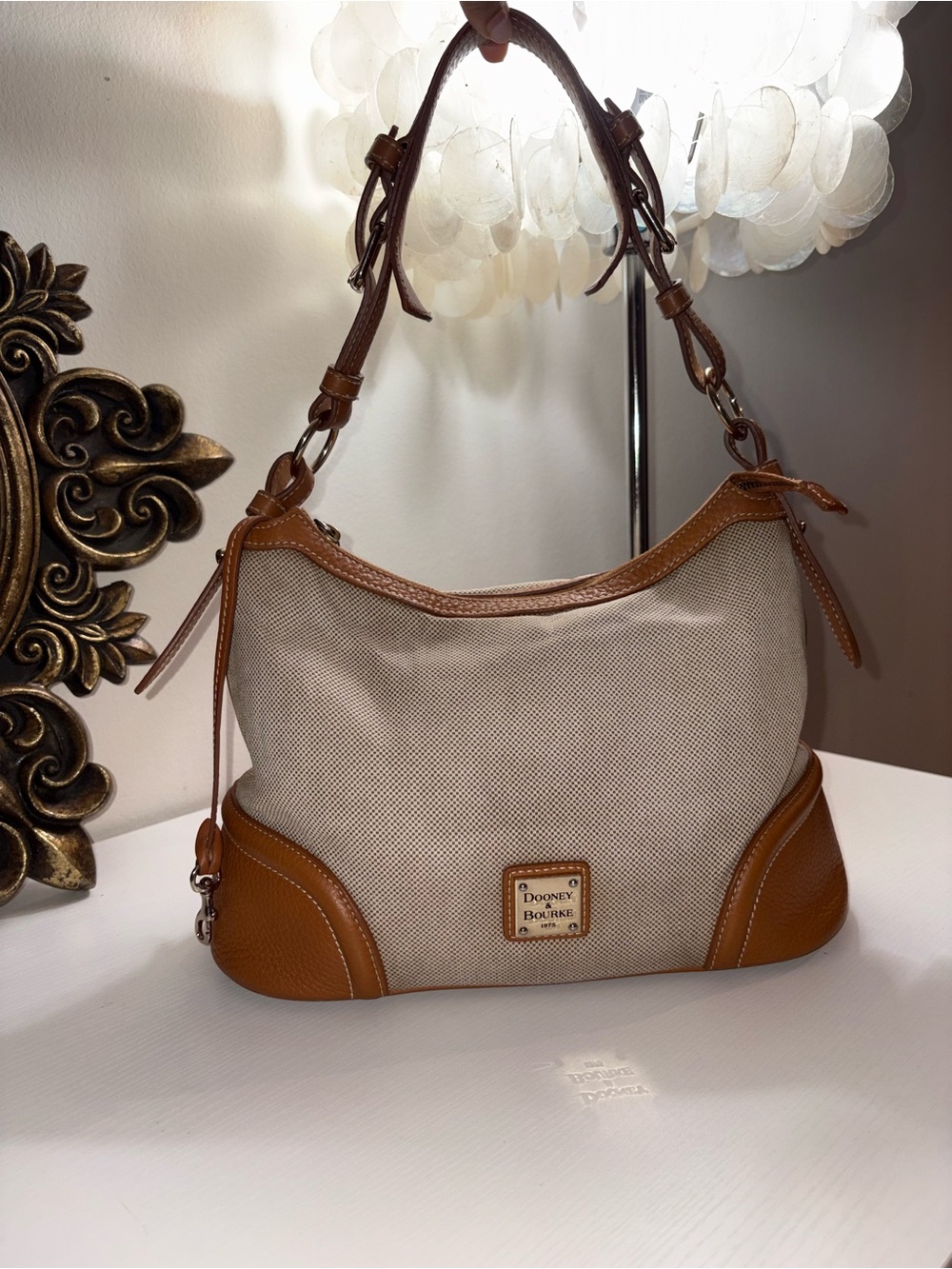 Dooney & Bourke Beige Canvas Shoulder Bag with Tan Leather Trim